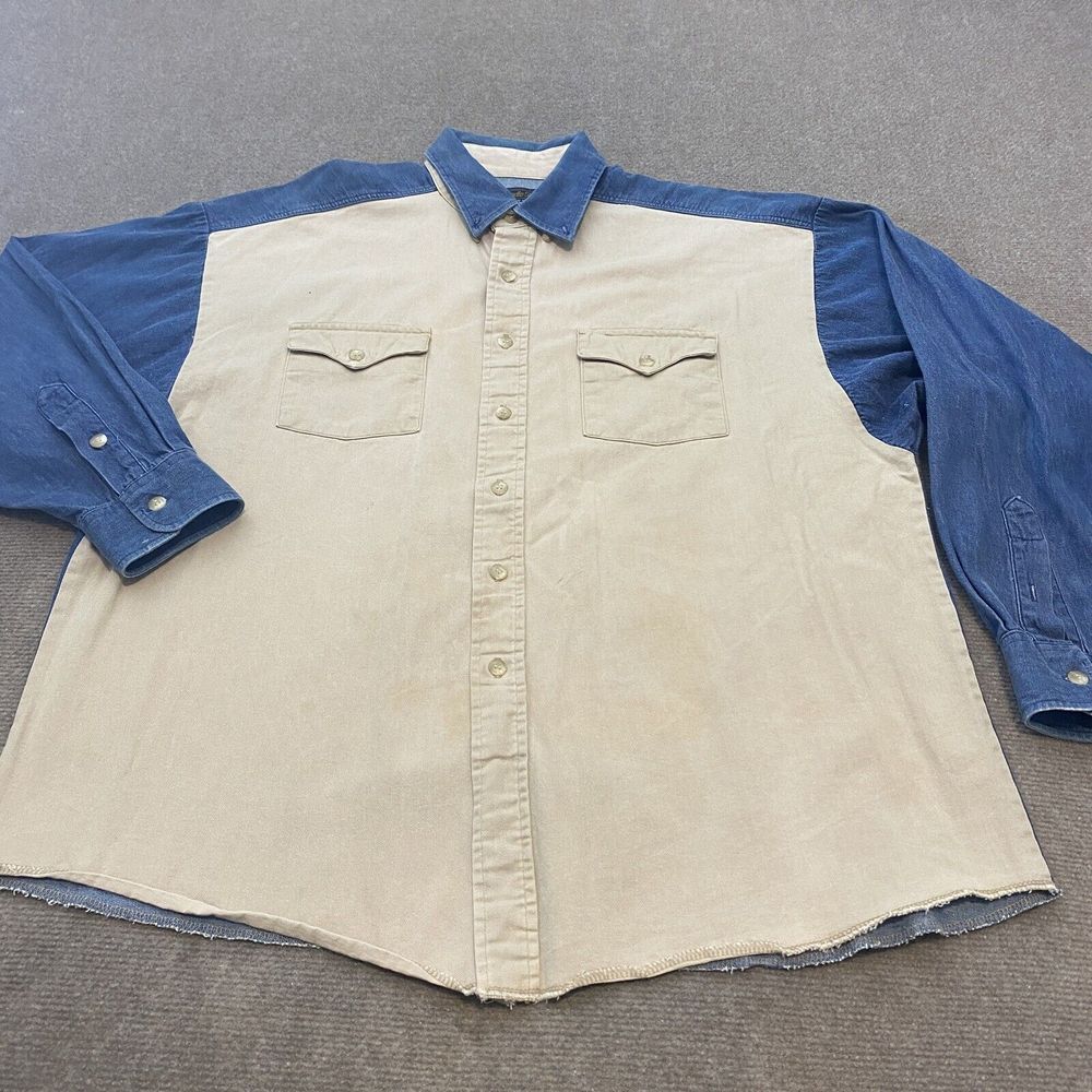 Panhandle Slim Denim Shirt Mens Extra Large Southwestern‎ Blue Tan Long Sleeve